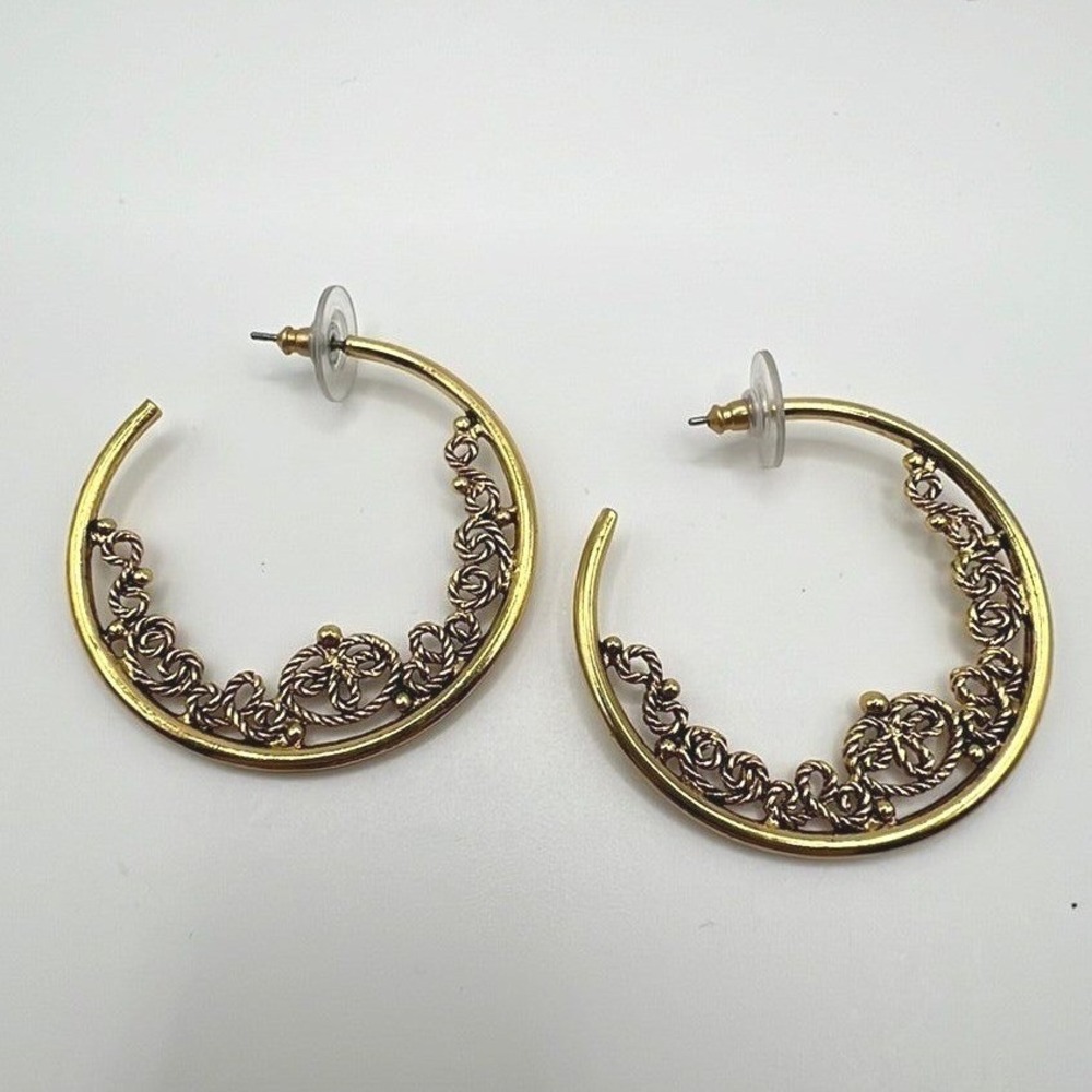 Gold Tone Rope Twist Hoop Earrings 1.75" Preppy Quiet Luxury